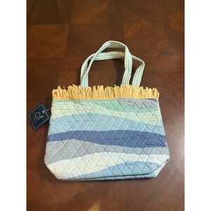 C&F Quilted Coastal Tote Bag Blue Ombre Straw Fringe Beach Purse